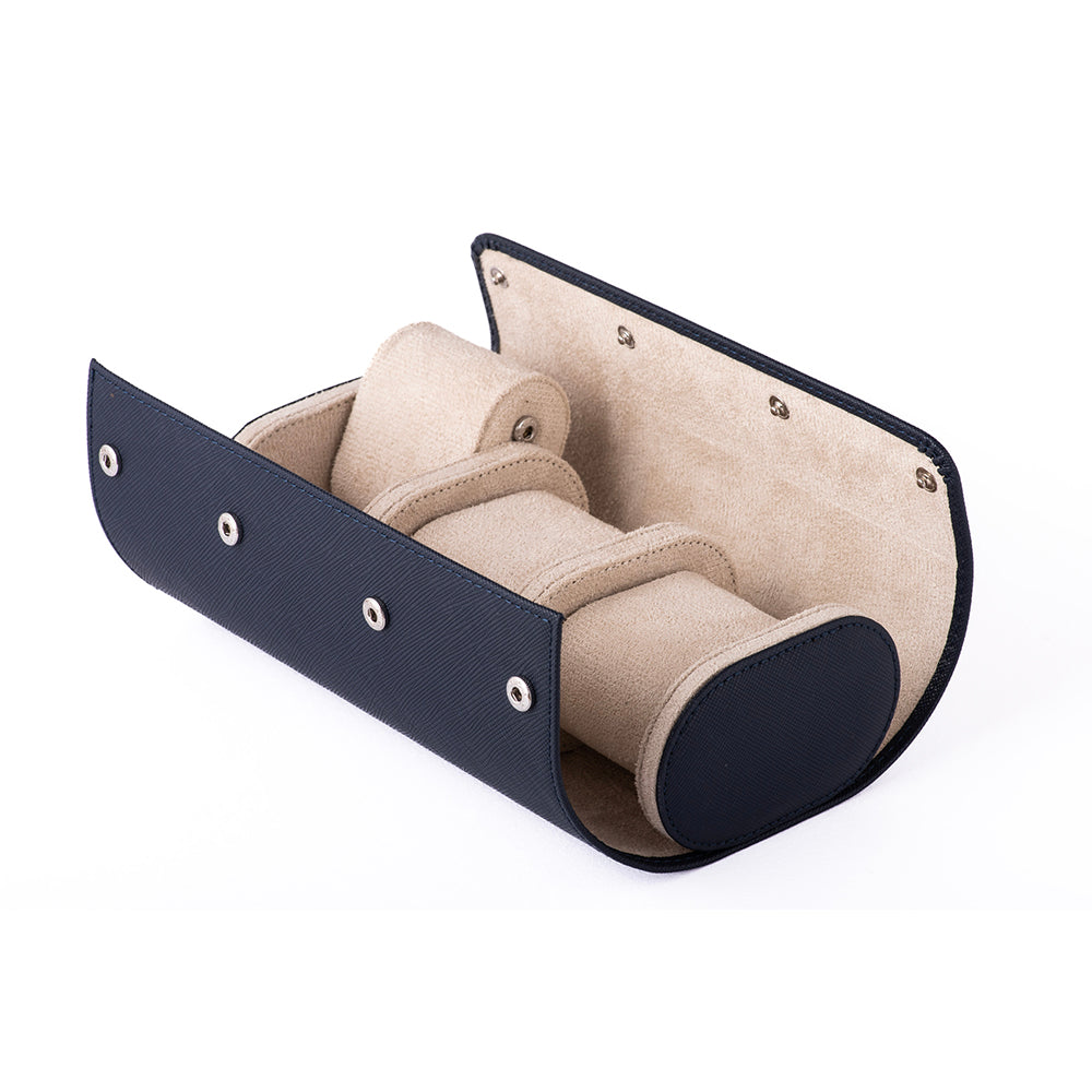 The Blue Triple Watch Case opened, displaying its compartments made with soft suede