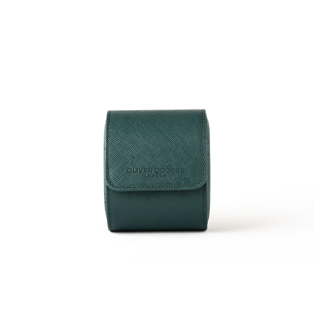 Teal single watch case made with leather, designed to hold one luxury watch.